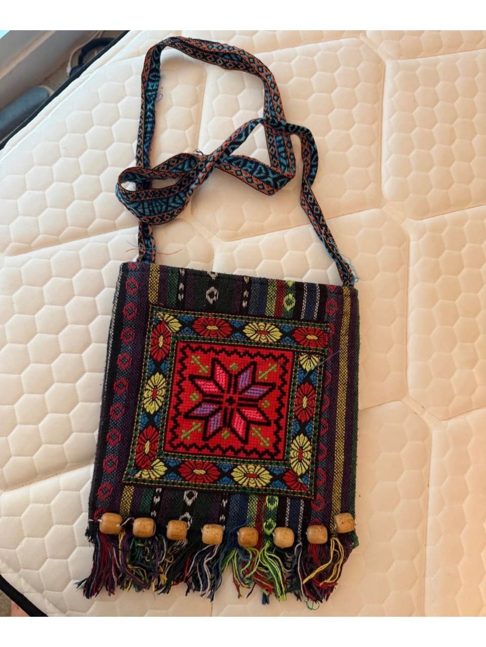 Mexican Woven Crossbody Bag Embroidered Boho Fringe Wood Beads Hippie Festival